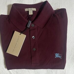 Burberry Men's Dark Red Polo with Blue Logo